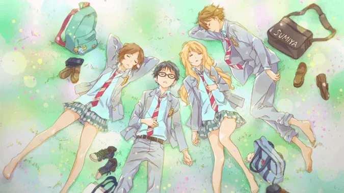 Hai nhân vật chính đang chơi nhạc trong Shigatsu Wa Kimi No Uso